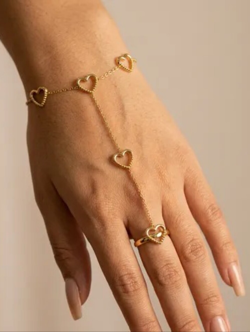 Gold Heart Hand Chain Bracelet Ring Combo Stainless Steel
